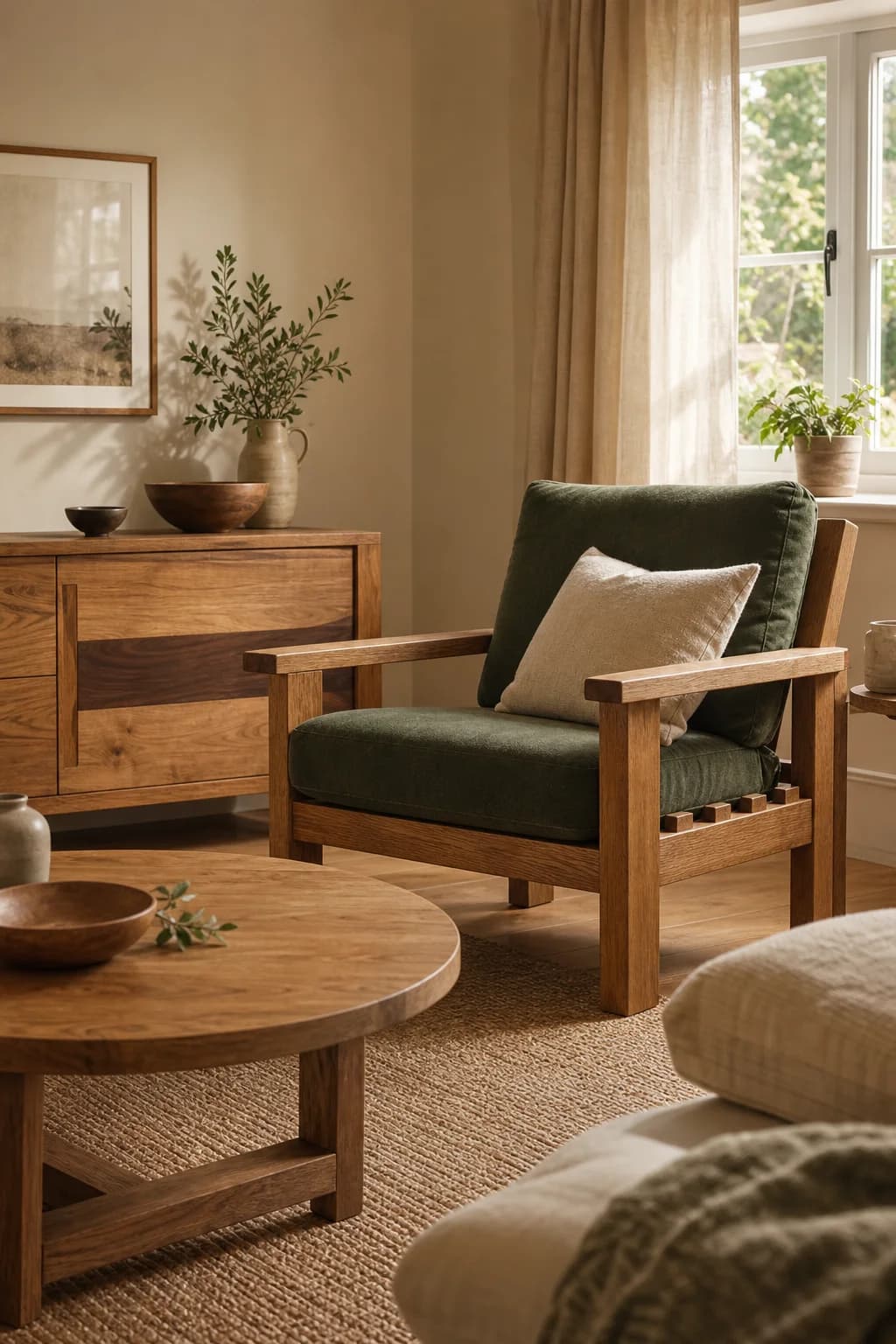 A handmade timber armchair, oak coffee table and sideboard in a sunny cream living room