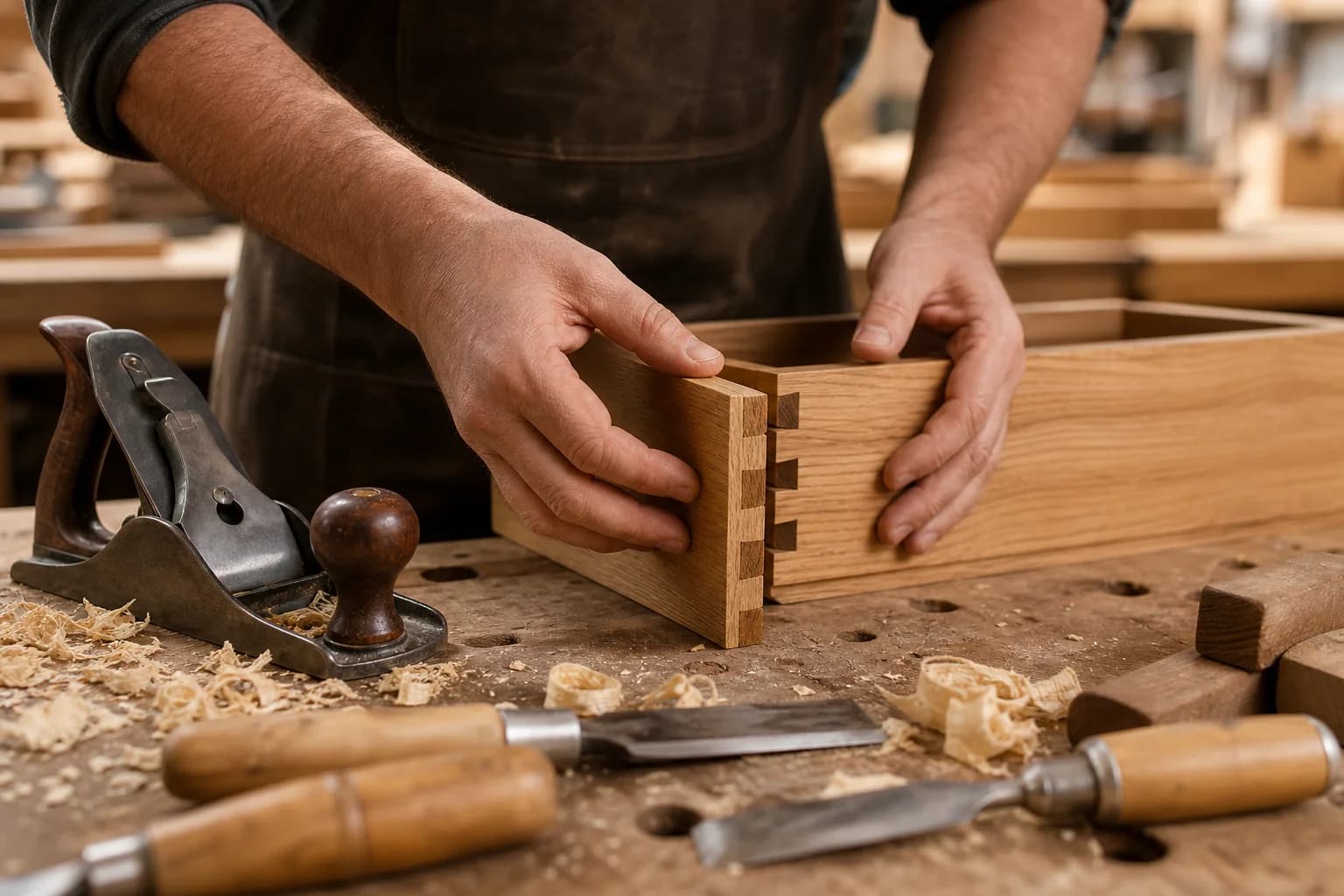 A craftsman fitting a dovetail joint on a solid oak drawer