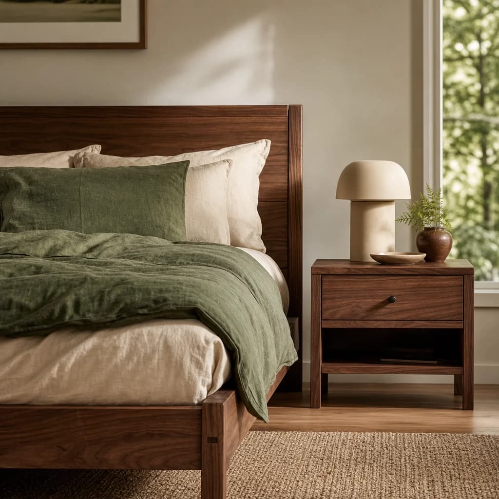 A walnut bed frame and bedside table in a calm bedroom